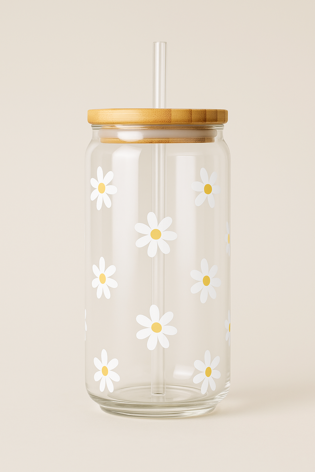 White Daisy Glass Tumbler with Bamboo Lid & Straw – 500ml