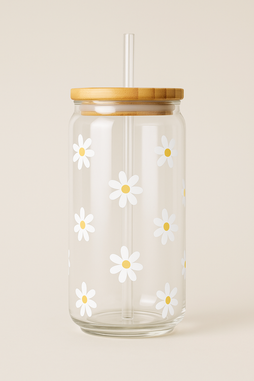 White Daisy Glass Tumbler with Bamboo Lid & Straw β 500ml