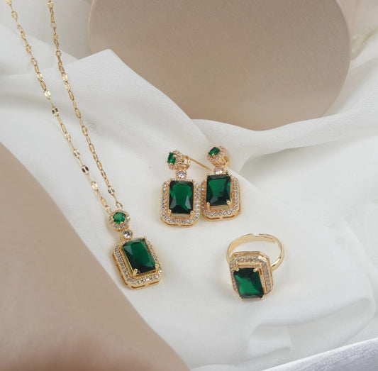Emerald Green Stone Gold Plated Jewellery Set (Necklace, Earrings & Ring)