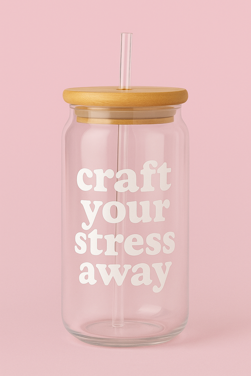 βCraft Your Stress Awayβ Glass Tumbler β 500ml with Bamboo Lid & Straw