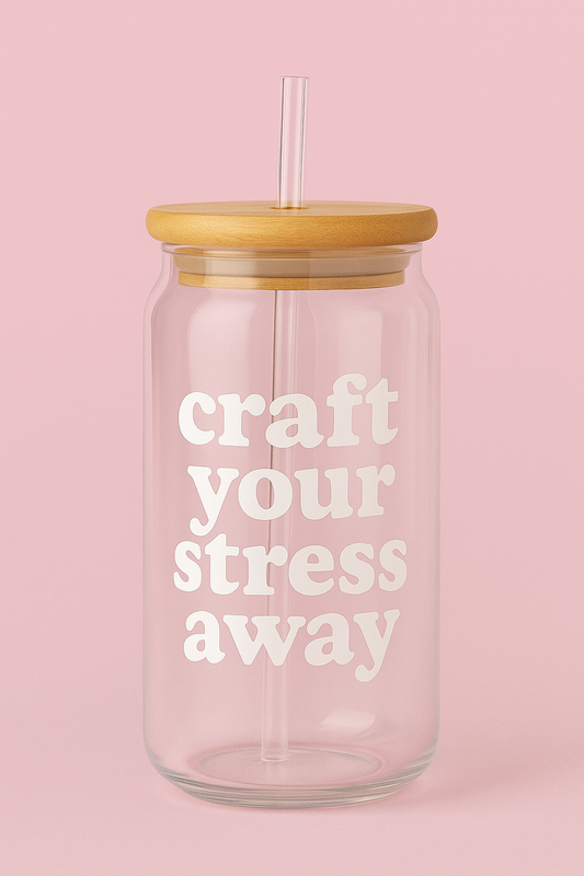 “Craft Your Stress Away” Glass Tumbler – 500ml with Bamboo Lid & Straw