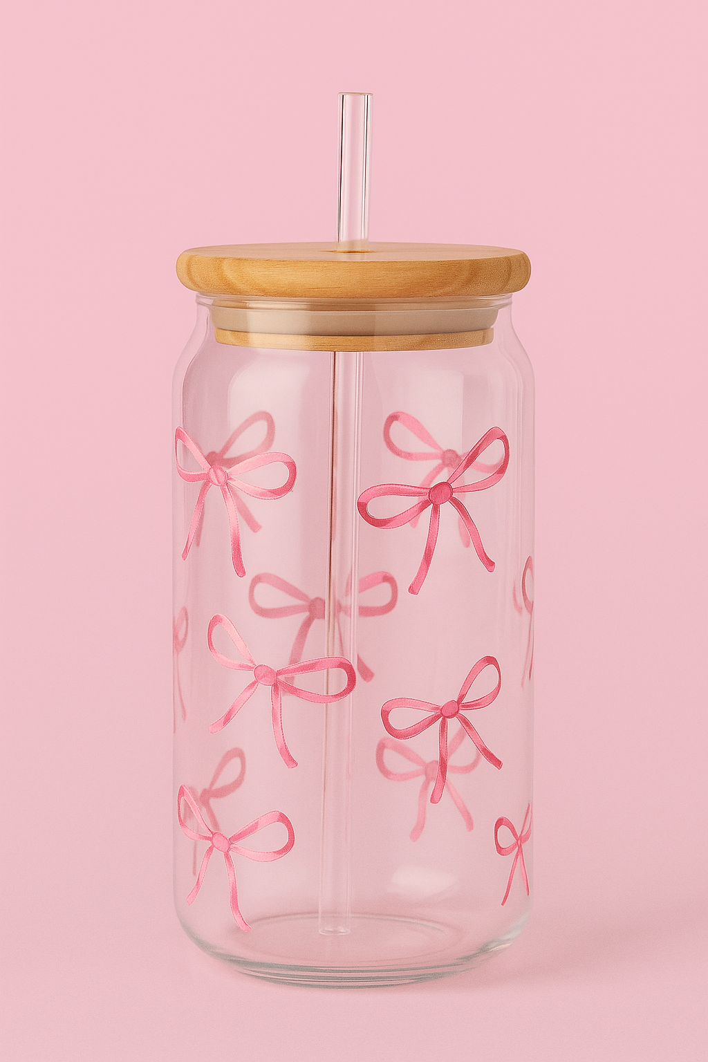 Pink Bows Glass Tumbler with Bamboo Lid & Straw – 500ml