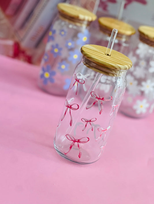 Pink Bows Glass Tumbler with Bamboo Lid & Straw – 500ml