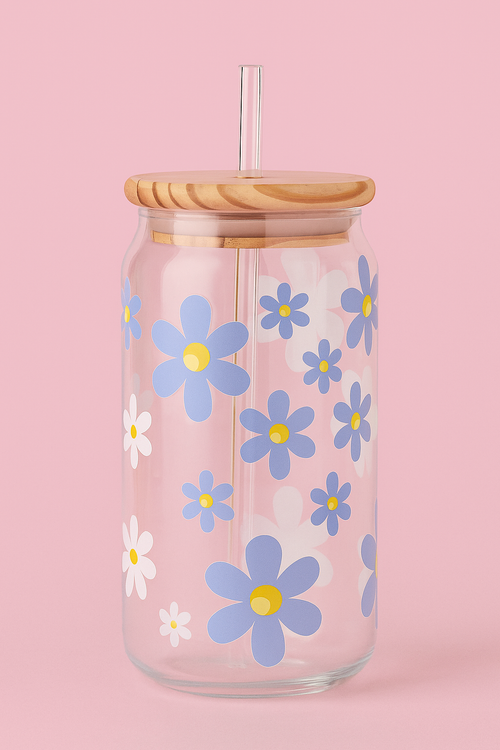 Purple Flowers Glass Tumbler with Bamboo Lid & Straw β 500ml
