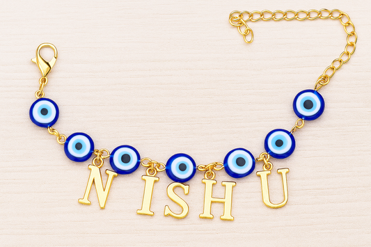 Personalized Evil Eye Name Bracelet - Gold & Blue Charm
