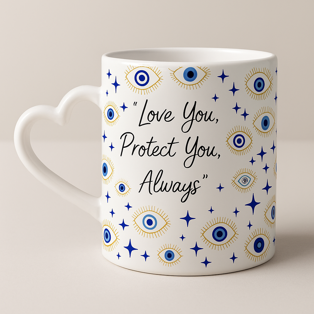 Love You, Protect You, Always – Evil Eye Heart Handle Mug